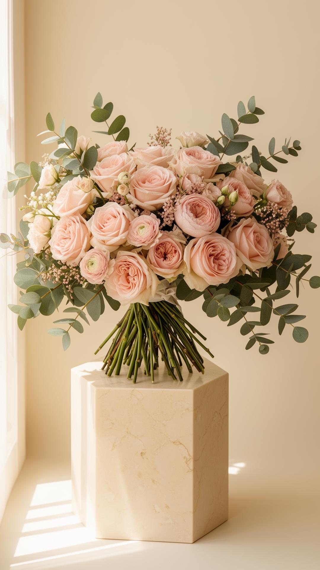 A luxury hand-tied bouquet of blush garden roses and eucalyptus on a marble pedestal